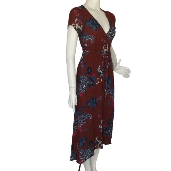 BILLABONG Wrap Dress, S, Rust/Multicolor Floral, Short sleeve, Rayon - Picture 3 of 15